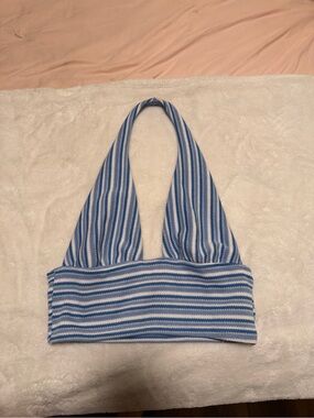 Divided Blue and White Striped Halter Crop Top